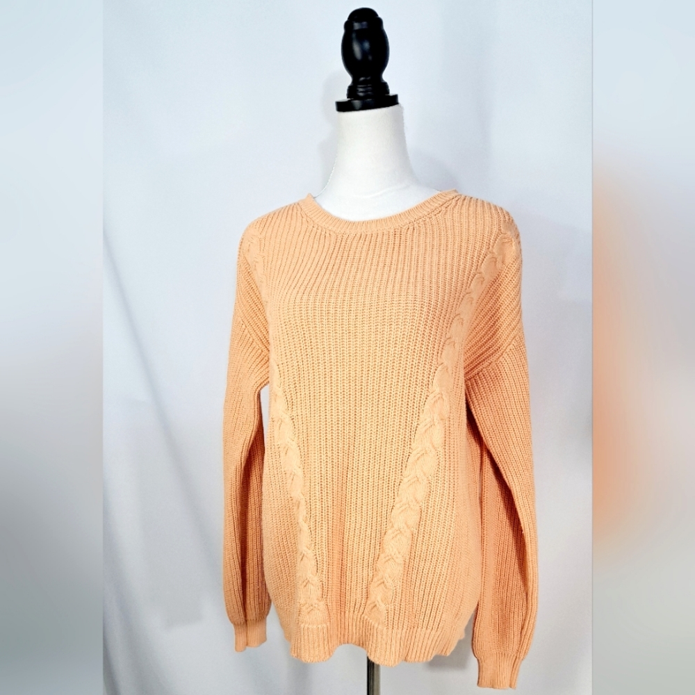 Magaschoni Orange Pumpkin Sweater Cable Knit Long Cotton Pullover Crew Neck M - Picture 3 of 16